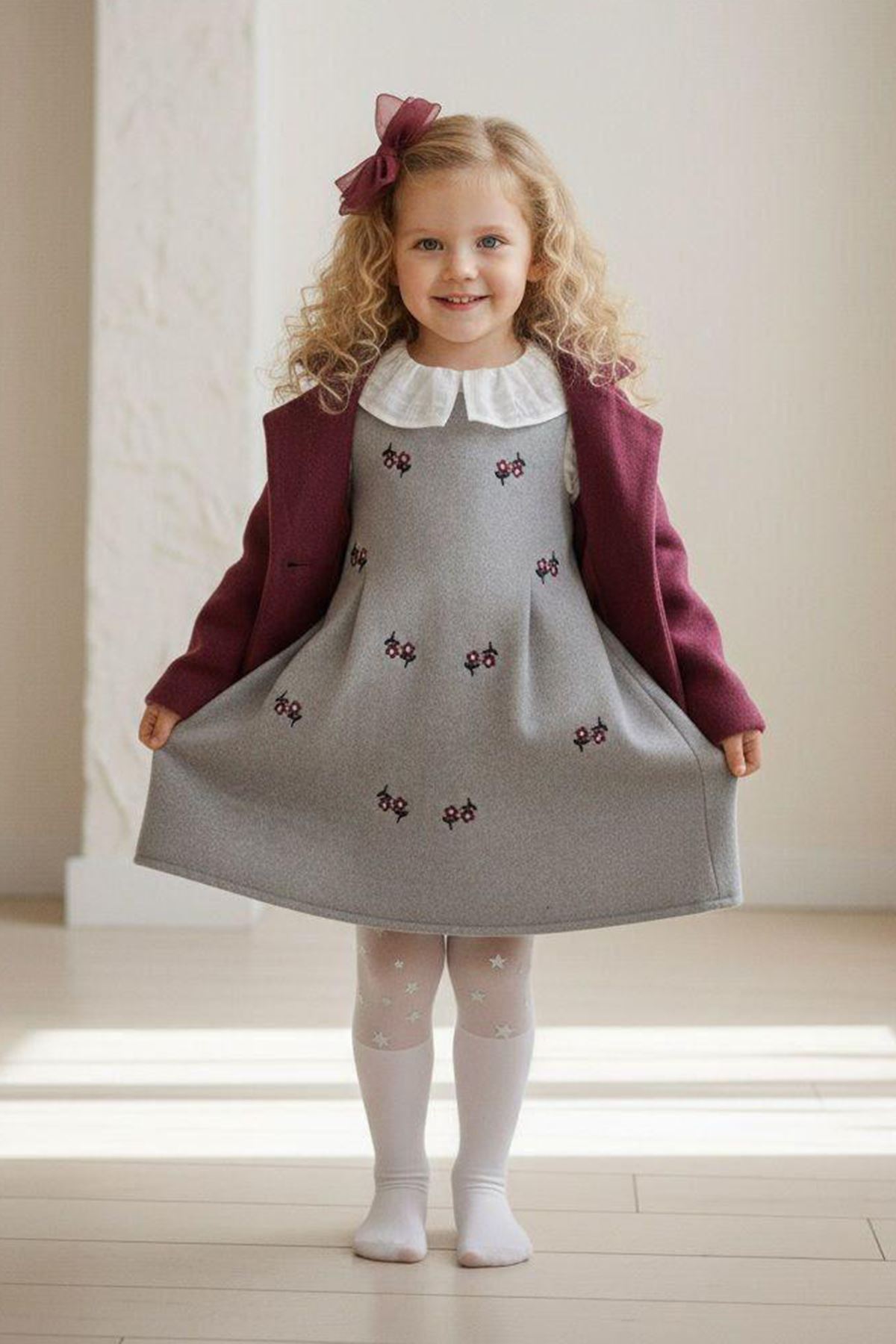 Miniğimin Cicileri  Kaşe Ceketli Çiçek İşleme Elbiseli 4 lü Takım - Bordo