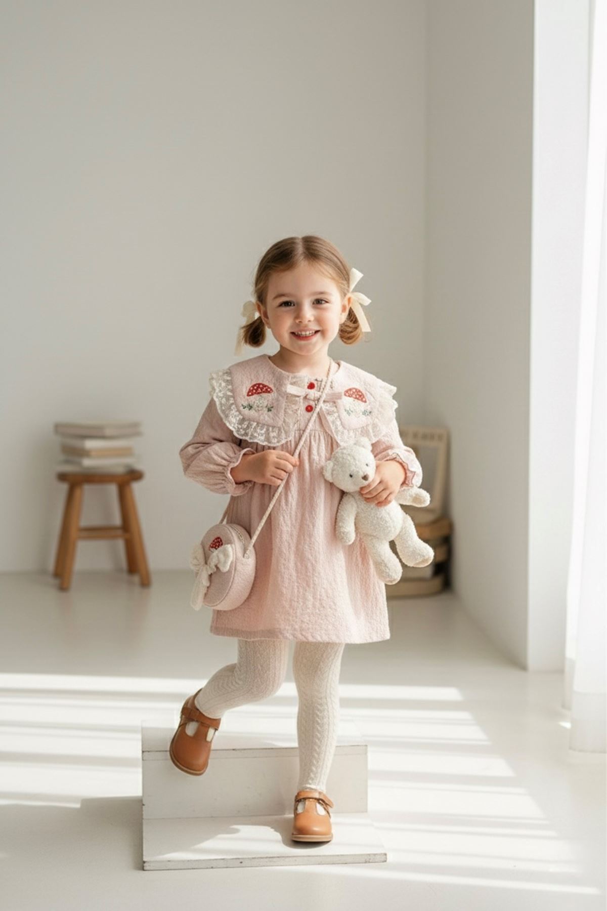 Miniğimin Cicileri Mantar Nakışlı Çantalı Kız Bebek Elbise 2’li Takım (1–4 Yaş) - Somon