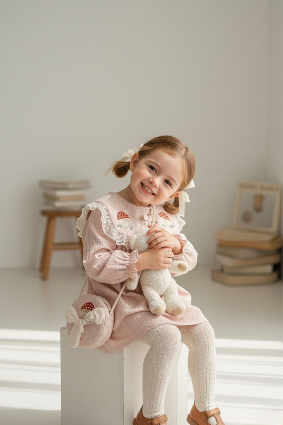 Miniğimin Cicileri Mantar Nakışlı Çantalı Kız Bebek Elbise 2’li Takım (1–4 Yaş) - Somon