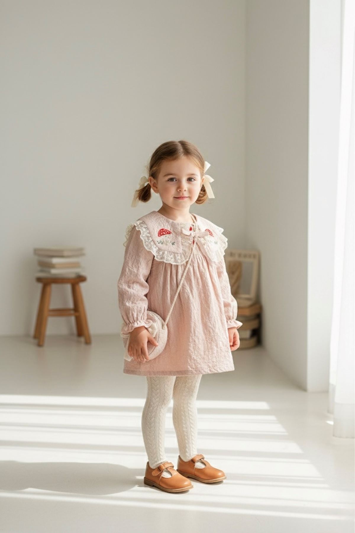 Miniğimin Cicileri Mantar Nakışlı Çantalı Kız Bebek Elbise 2’li Takım (1–4 Yaş) - Somon