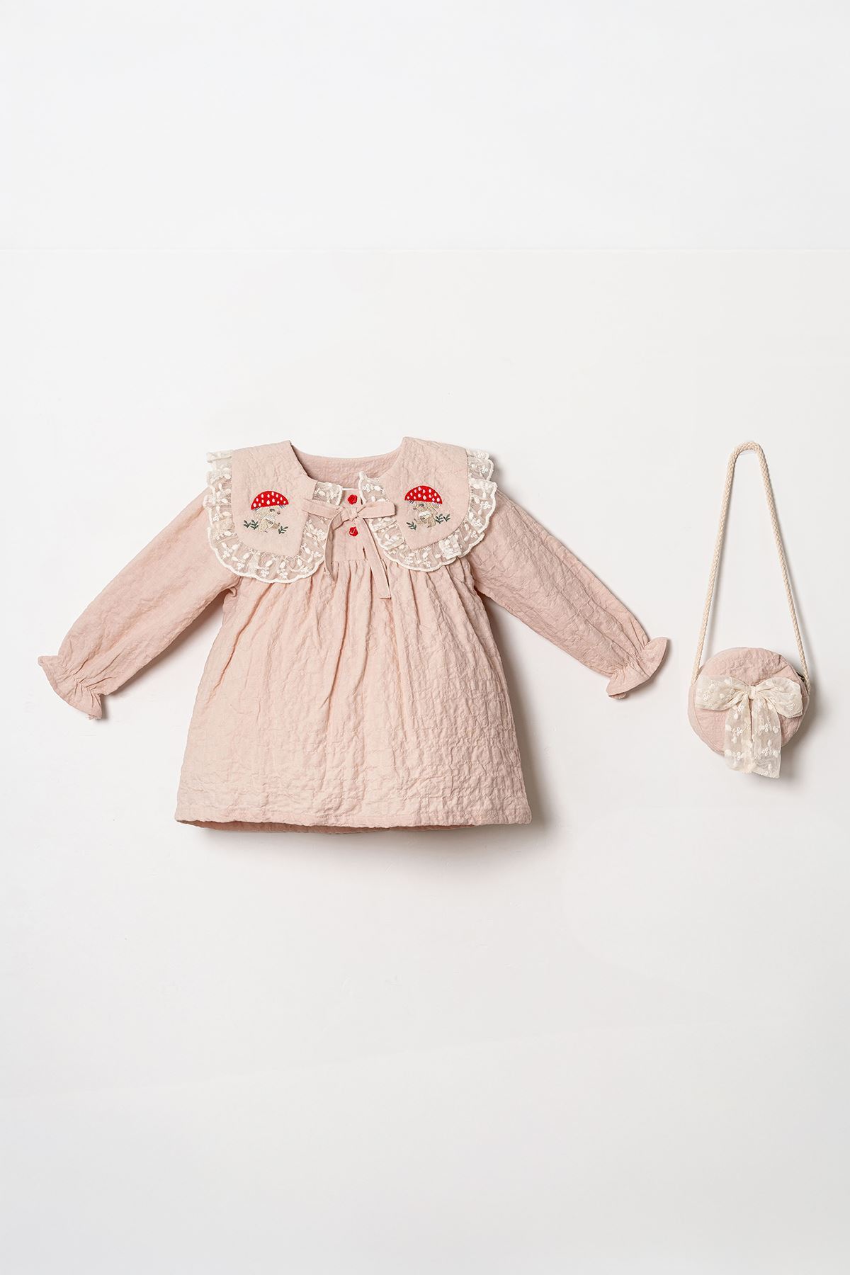 Miniğimin Cicileri Mantar Nakışlı Çantalı Kız Bebek Elbise 2’li Takım (1–4 Yaş) - Somon