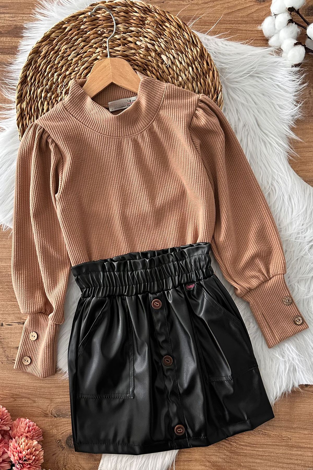 Miniğimin Cicileri Ekose Deri  Etekli Kız Çocuk Volan  Yakalı Takım - Kahverengi