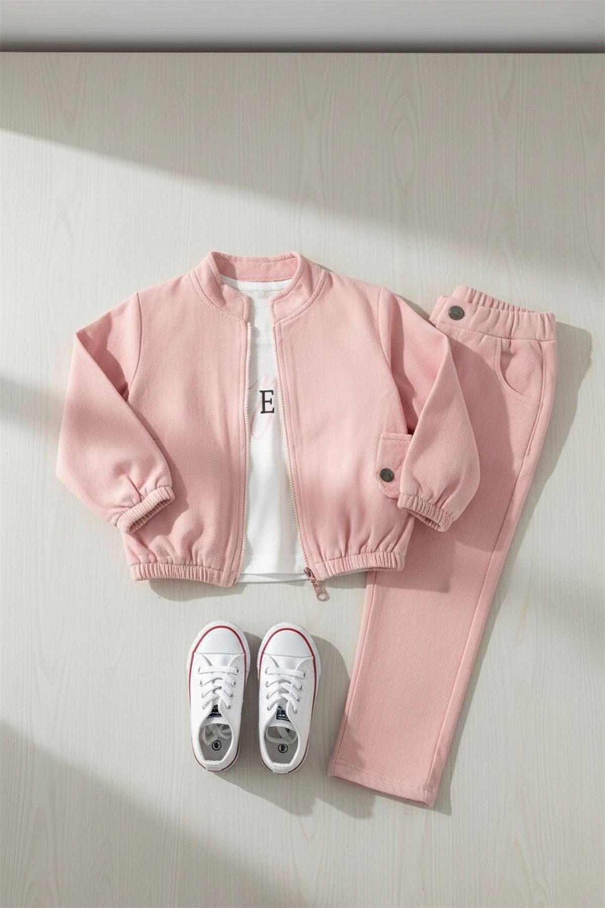 Miniğimin Cicileri Trend Baskılı Gabardın Ceketli Kız Çocuk 3 lü Takım - Gül Kurusu