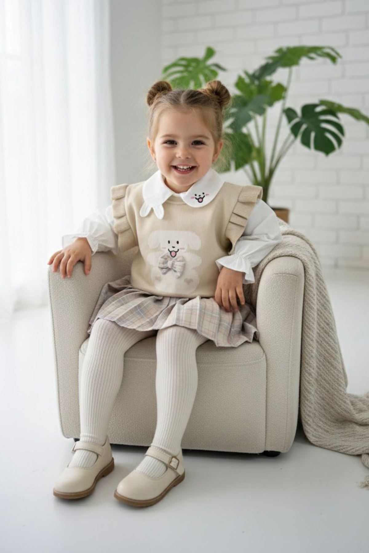Miniğimin Cicileri Sevimli Tavşan Desenli Ekose Etekli Triko Kız Çocuk 3 lü Takım - Krem