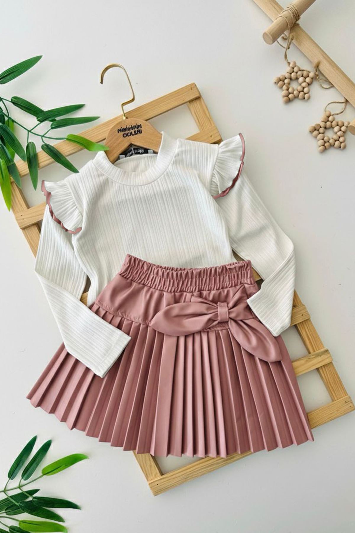 Miniğimin Cicileri Suni Deri Piliseli Etekli Kız Çocuk 2 li Takım - Pembe