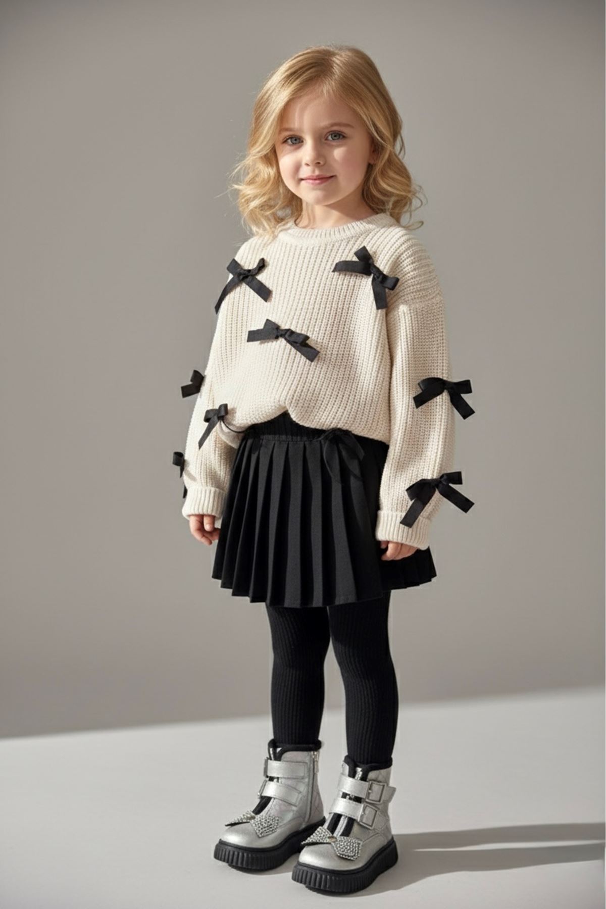 Miniğimin Cicileri Fiyonk Triko Hırkalı PileLi Şort Etekli Kız Çocuk 2 li Takım - Ekru