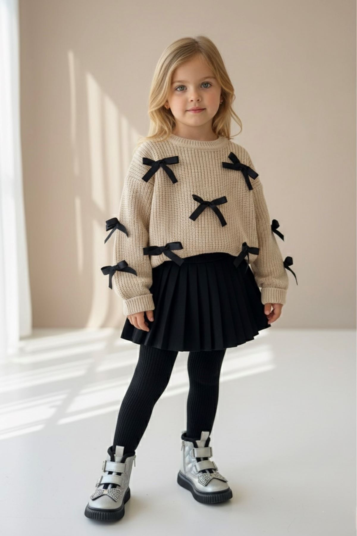 Miniğimin Cicileri Fiyonk Triko Hırkalı PileLi Şort Etekli Kız Çocuk 2 li Takım - Kapuçino