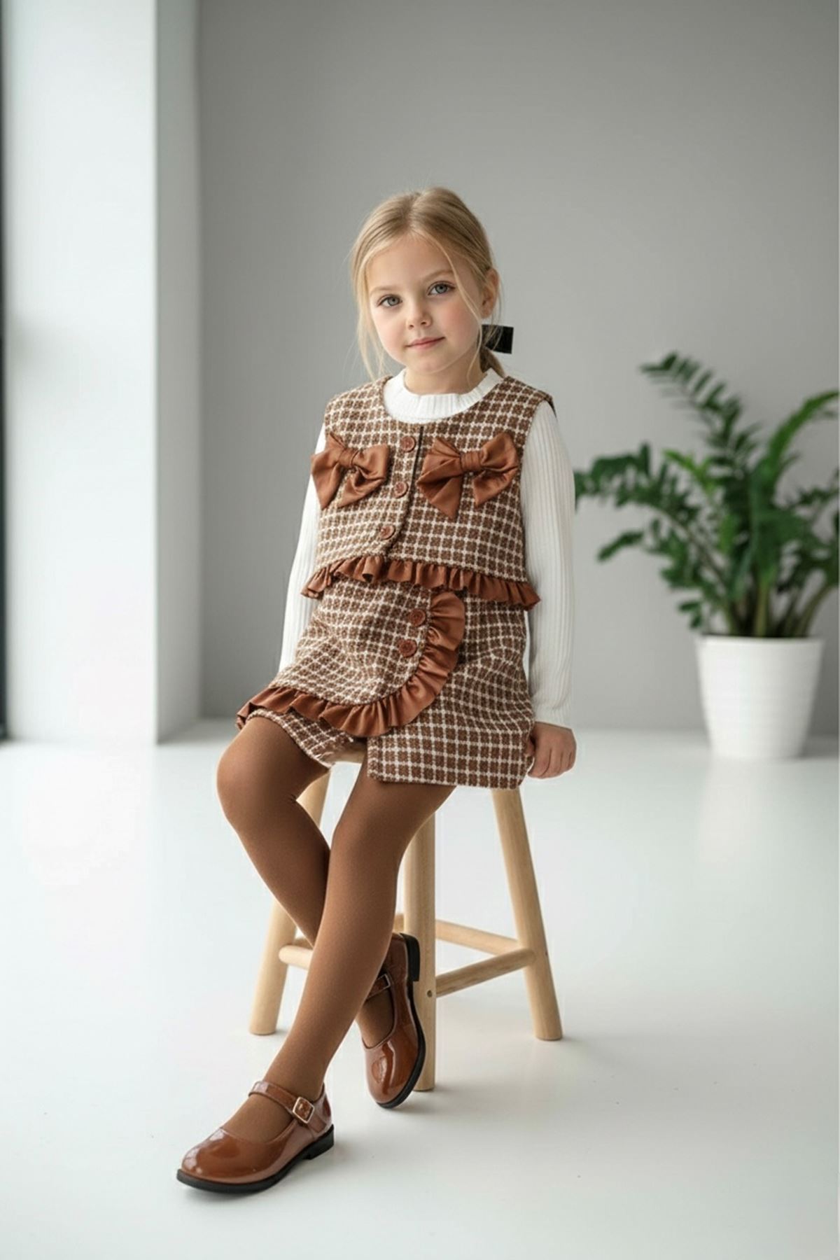 Miniğimin Cicileri Deri Fiyonk Detaylı Chanel Kumaş Şort Etekli 3 lü Takım - Kahverengi