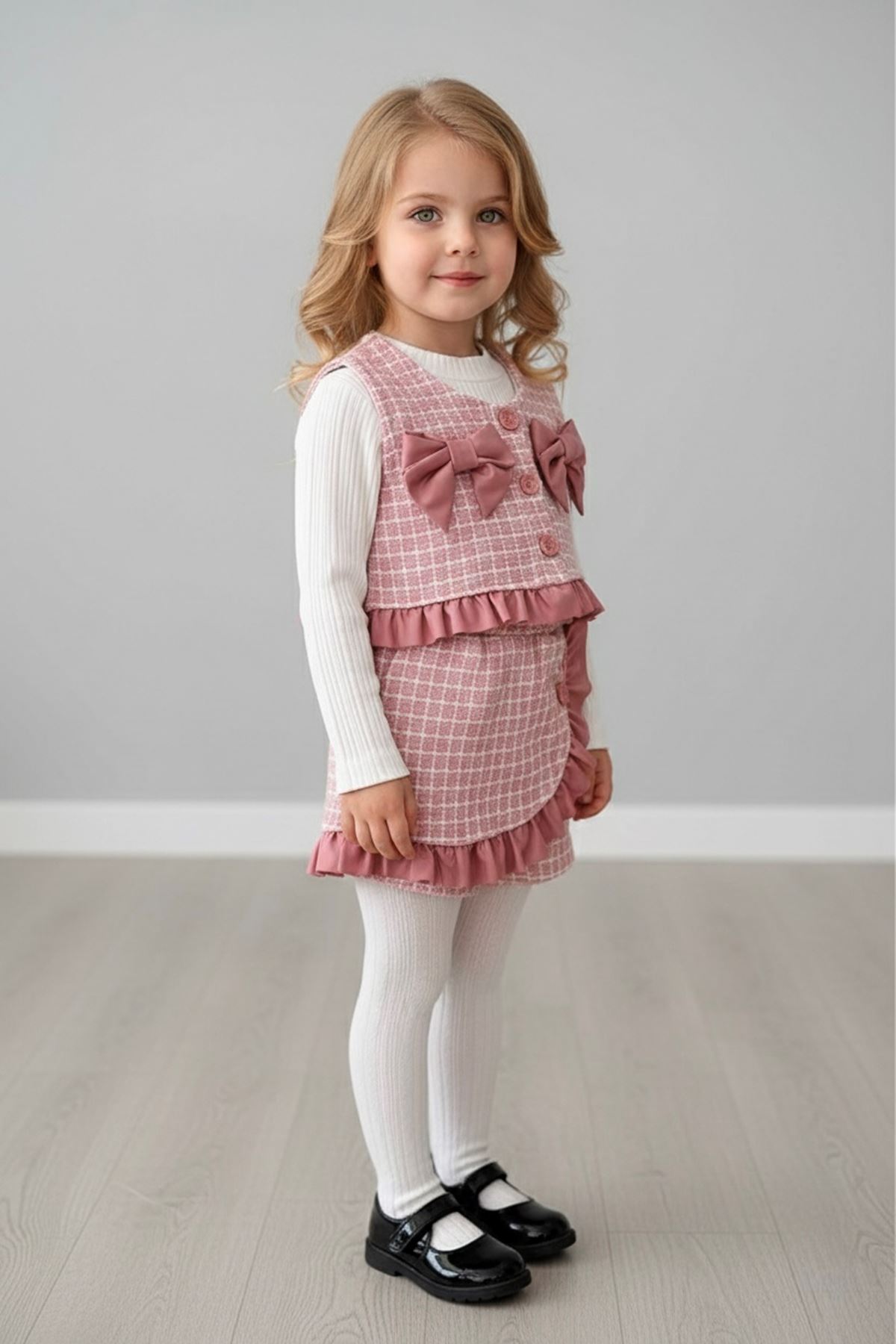 Miniğimin Cicileri Deri Fiyonk Detaylı Chanel Kumaş Şort Etekli 3 lü Takım - Pembe