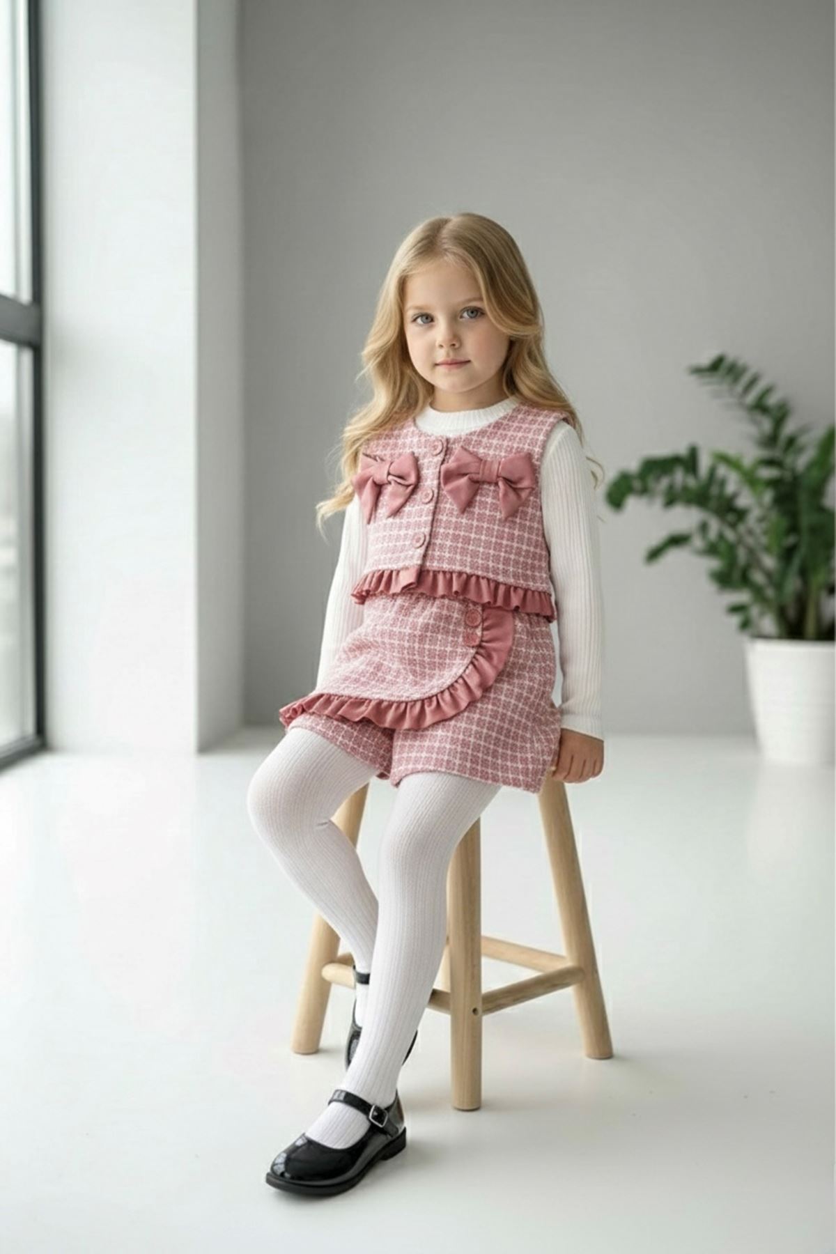 Miniğimin Cicileri Deri Fiyonk Detaylı Chanel Kumaş Şort Etekli 3 lü Takım - Pembe