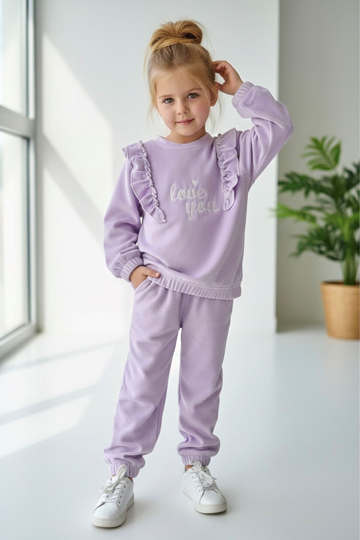 Miniğimin Cicileri Love You Fırfır Detaylı Kız Çocuk Kadife Lastikli Takım - Lila