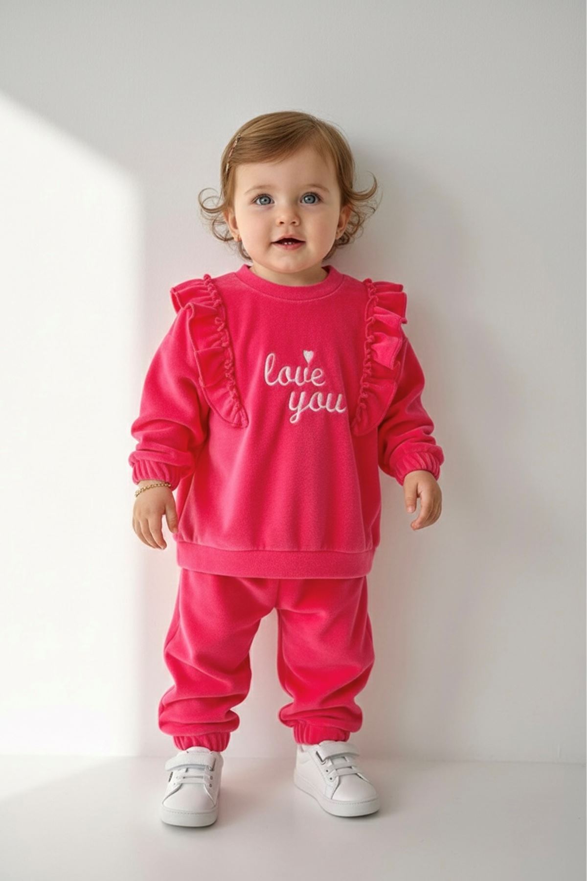 Miniğimin Cicileri Love You Fırfır Detaylı Kız Çocuk Kadife Lastikli Takım - Fuşya