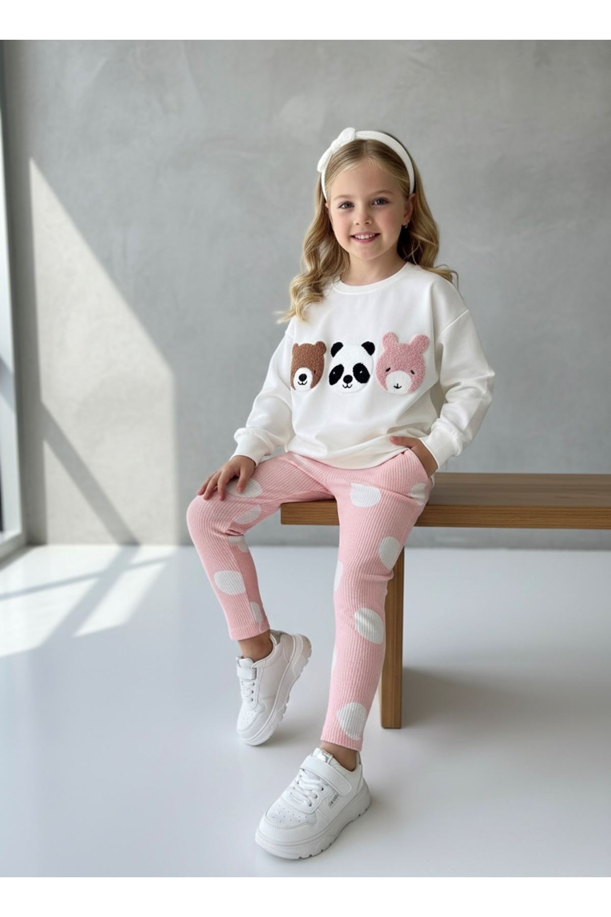 Miniğimin Cicileri Ayıcık Panç İşleme Fitilli Taytlı 2 li Kız Çocuk Takım - Somon