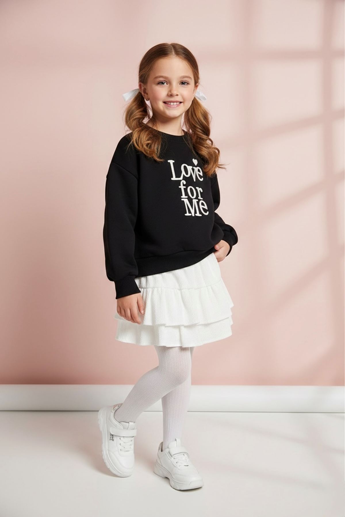 Miniğimin Cicileri Love forMe Nakışlı Sweat Etek Kız Çocuk Takım - Siyah