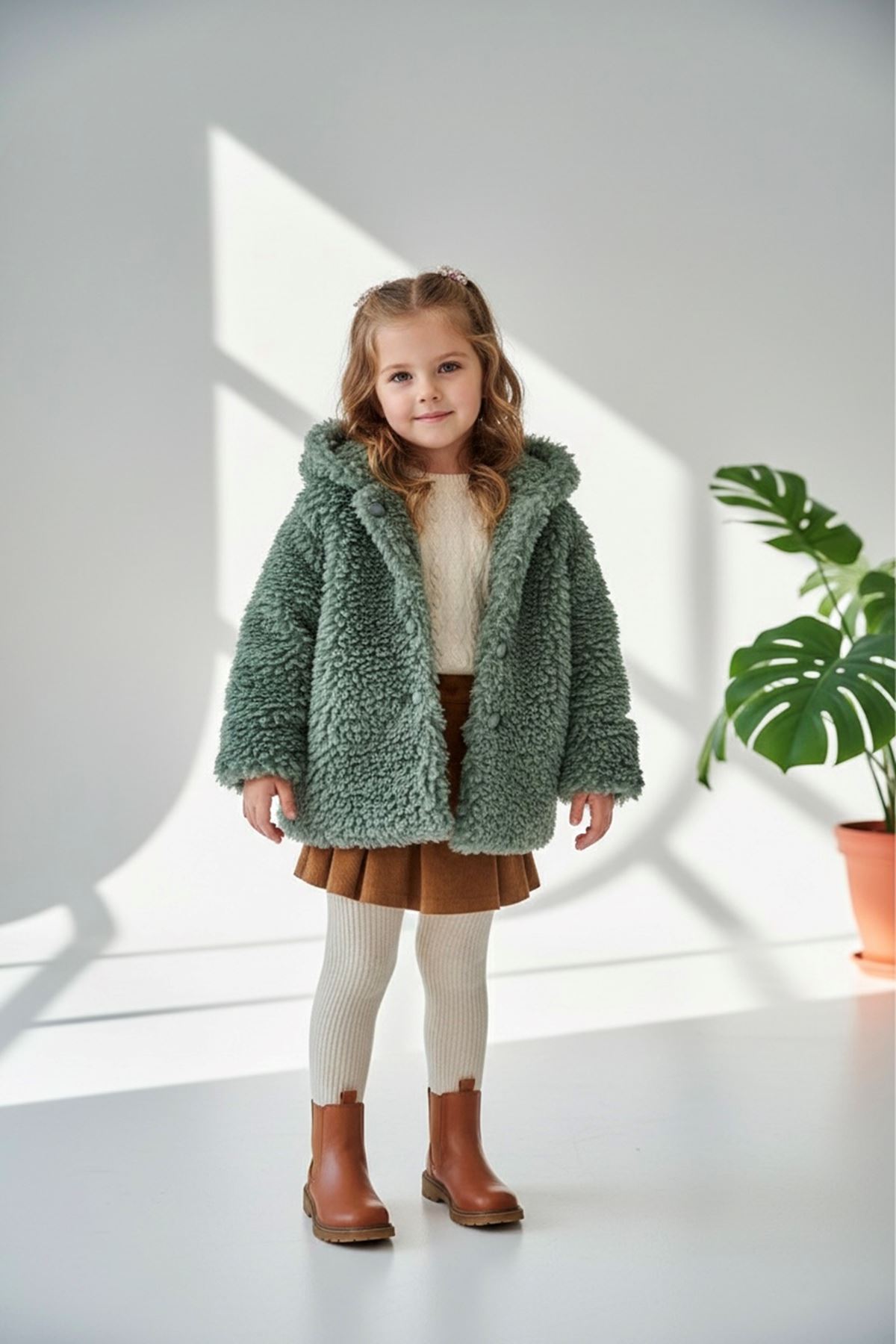 Miniğimin Cicileri (2-9 Yaş) Kapüşonlu Kız Çocuk Kuzu Hırka - Yeşil