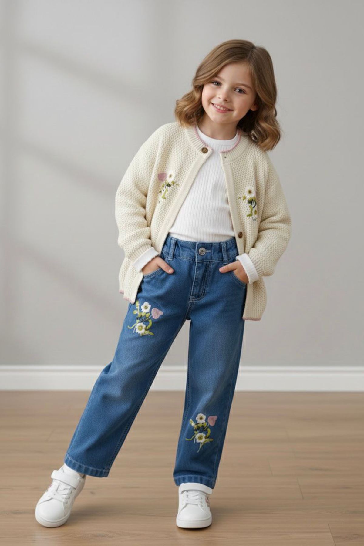 Miniğimin Cicileri Çiçek Nakışlı Örgü Hırkalı Kot Pantolonlu Kız Çocuk 3’lü Takım – Krem