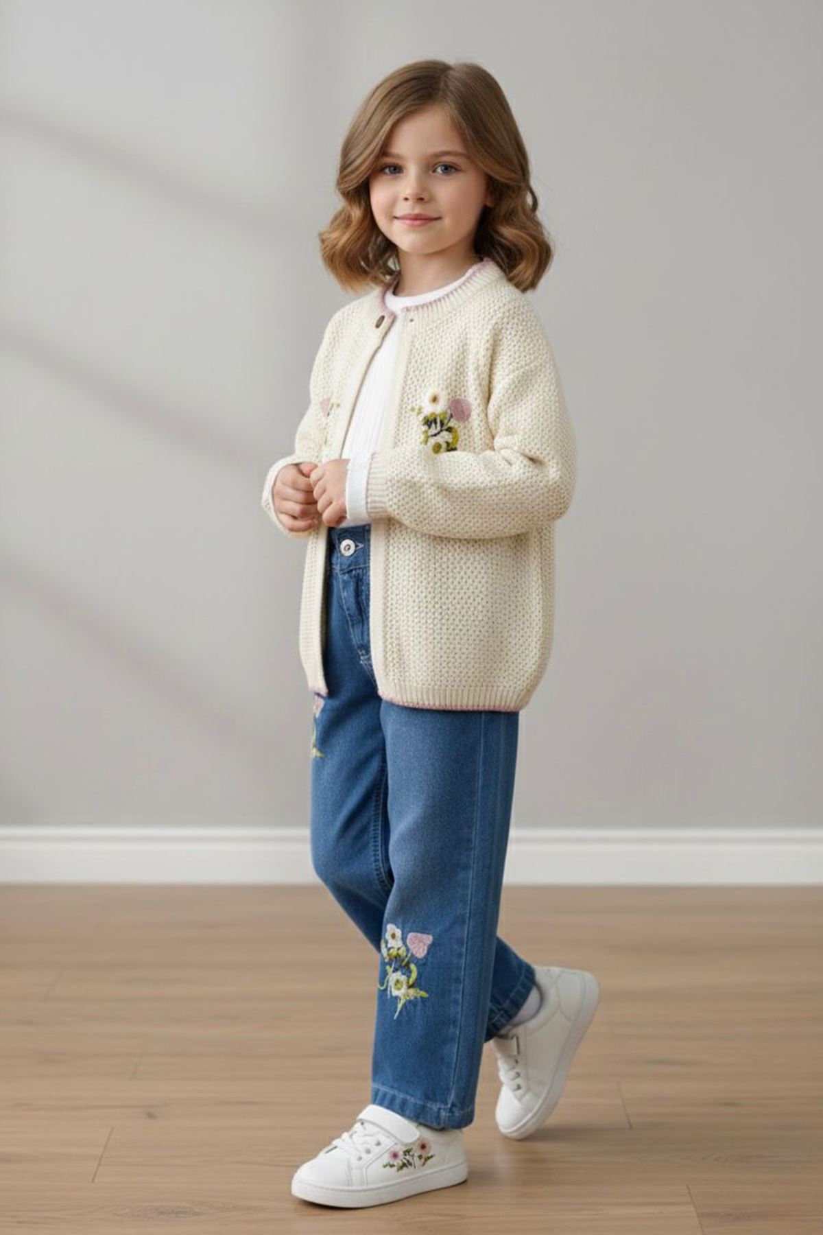 Miniğimin Cicileri Çiçek Nakışlı Örgü Hırkalı Kot Pantolonlu Kız Çocuk 3’lü Takım – Krem