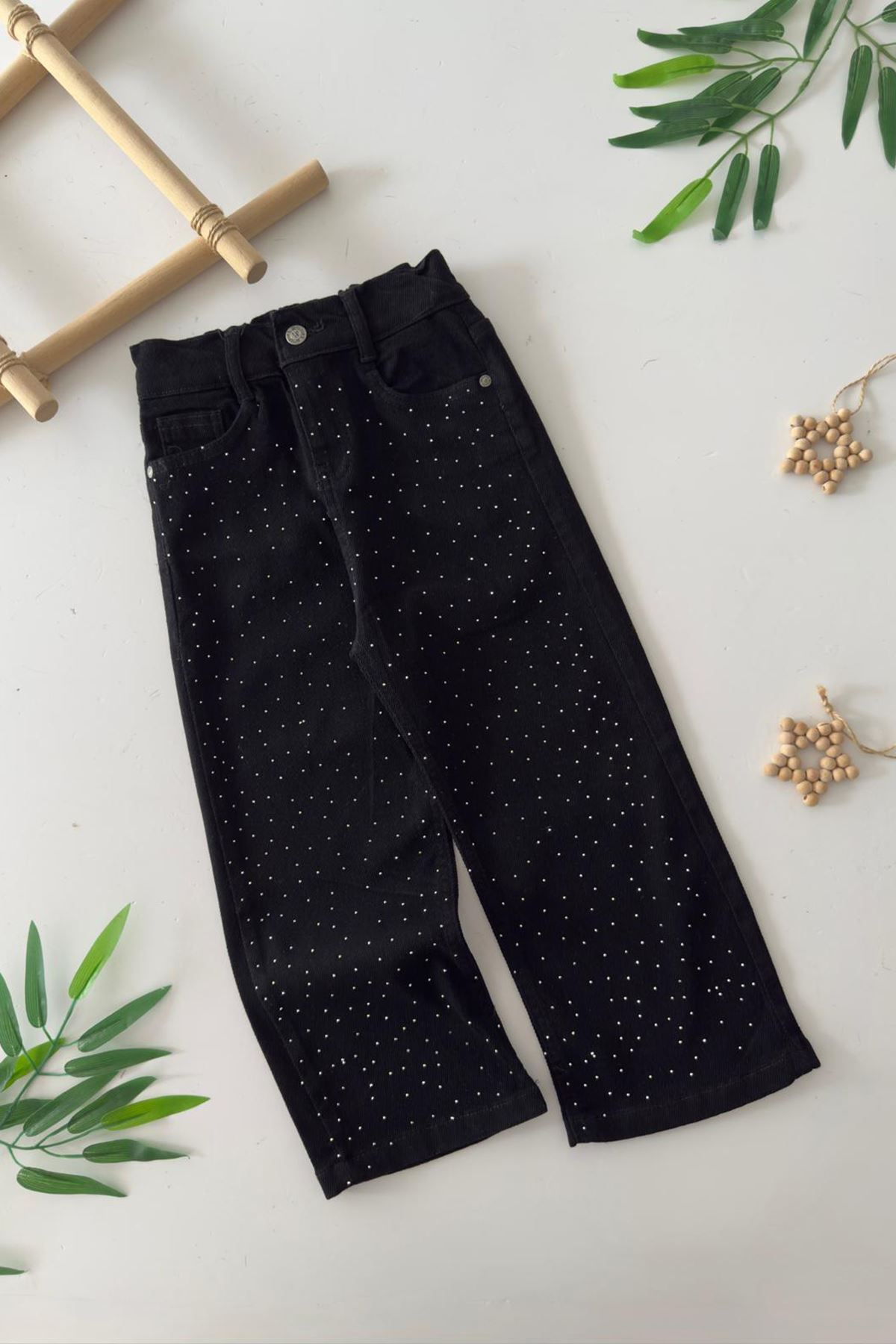 Miniğimin Cicileri Beli Lastikli Taşlı Kız Çocuk Kot Pantolon - Siyah