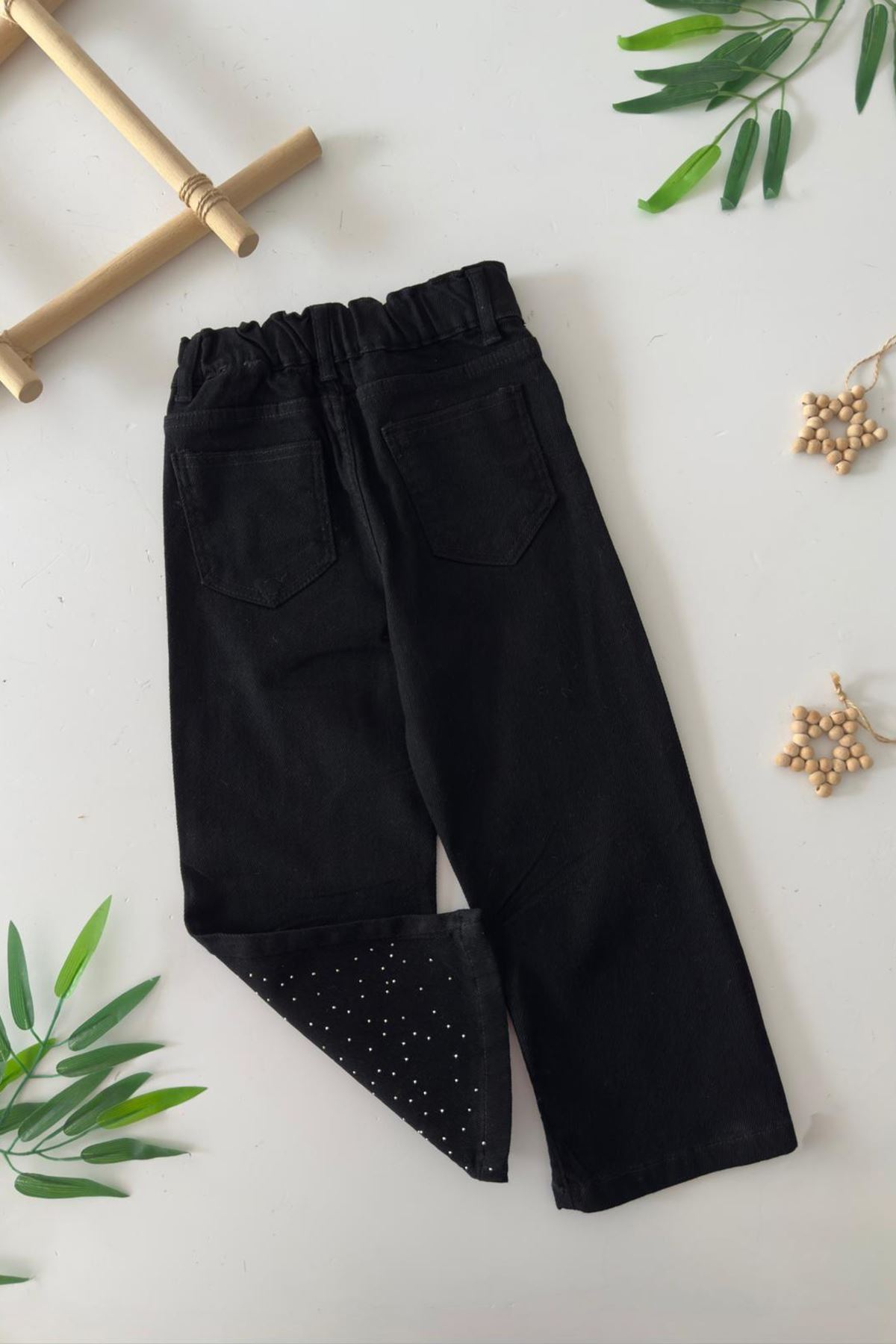 Miniğimin Cicileri Beli Lastikli Taşlı Kız Çocuk Kot Pantolon - Siyah