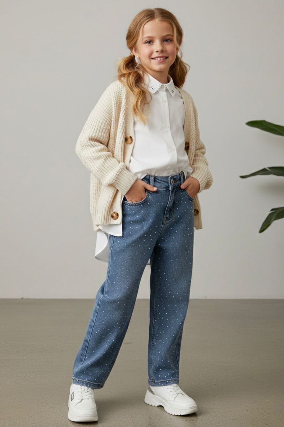 Miniğimin Cicileri Beli Lastikli Taşlı Kız Çocuk Kot Pantolon - Mavi
