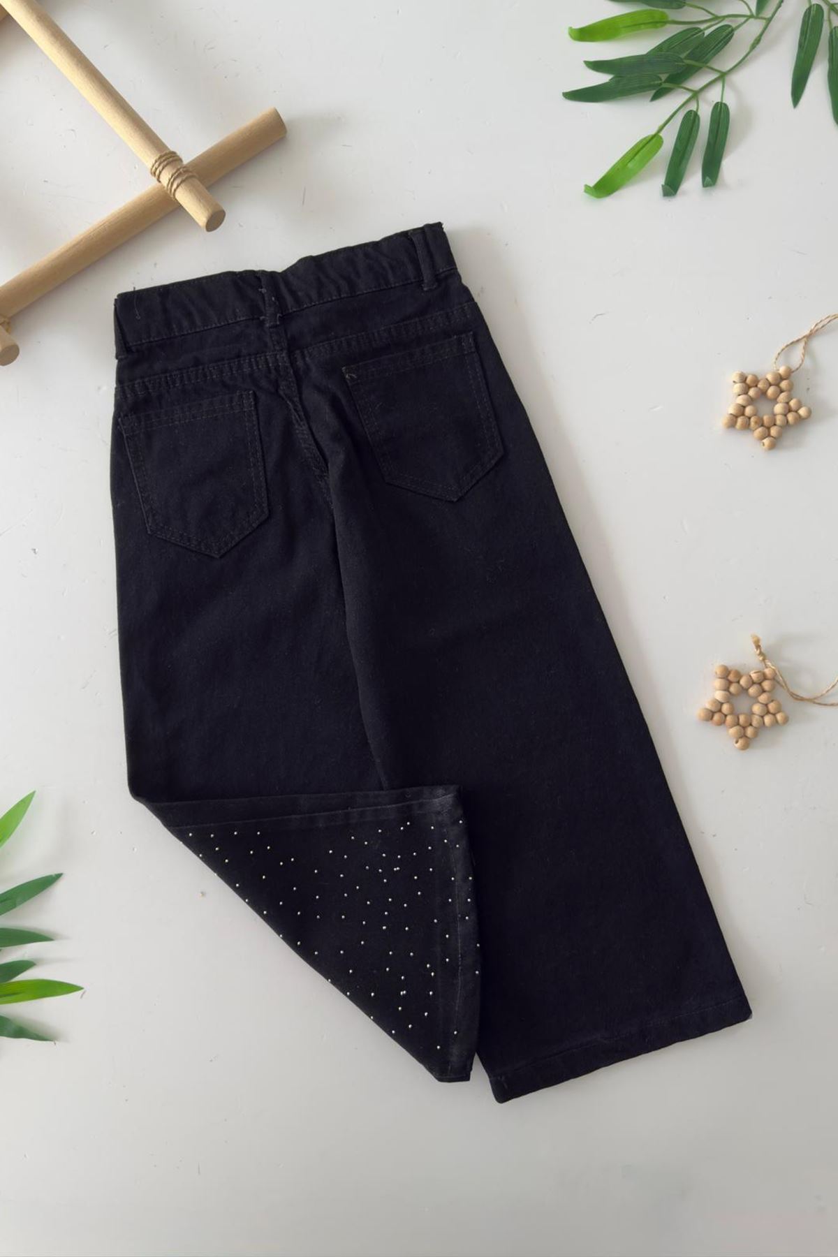 Miniğimin Cicileri Taş Detaylı  Geniş Paça Kız Çocuk Kot Pantolon - Siyah