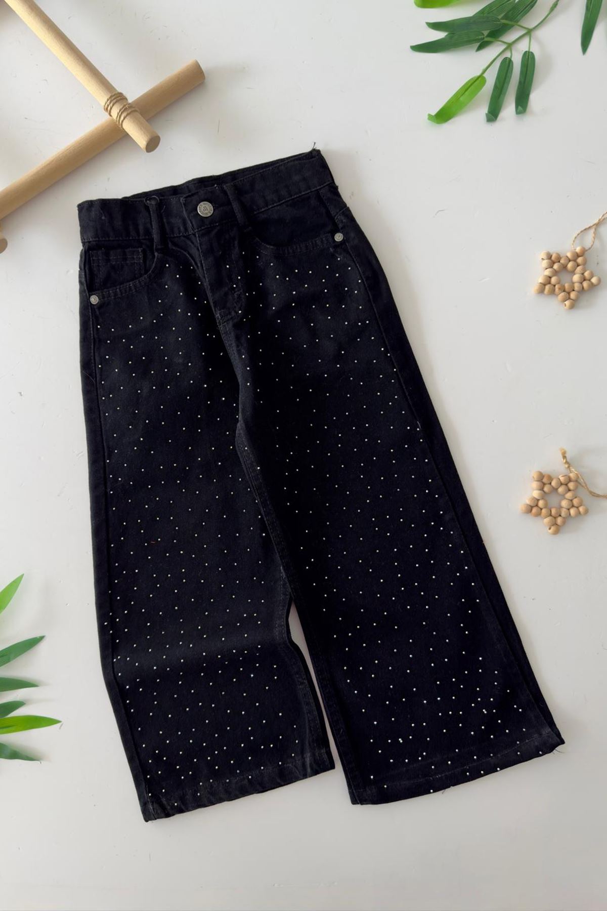 Miniğimin Cicileri Taş Detaylı  Geniş Paça Kız Çocuk Kot Pantolon - Siyah