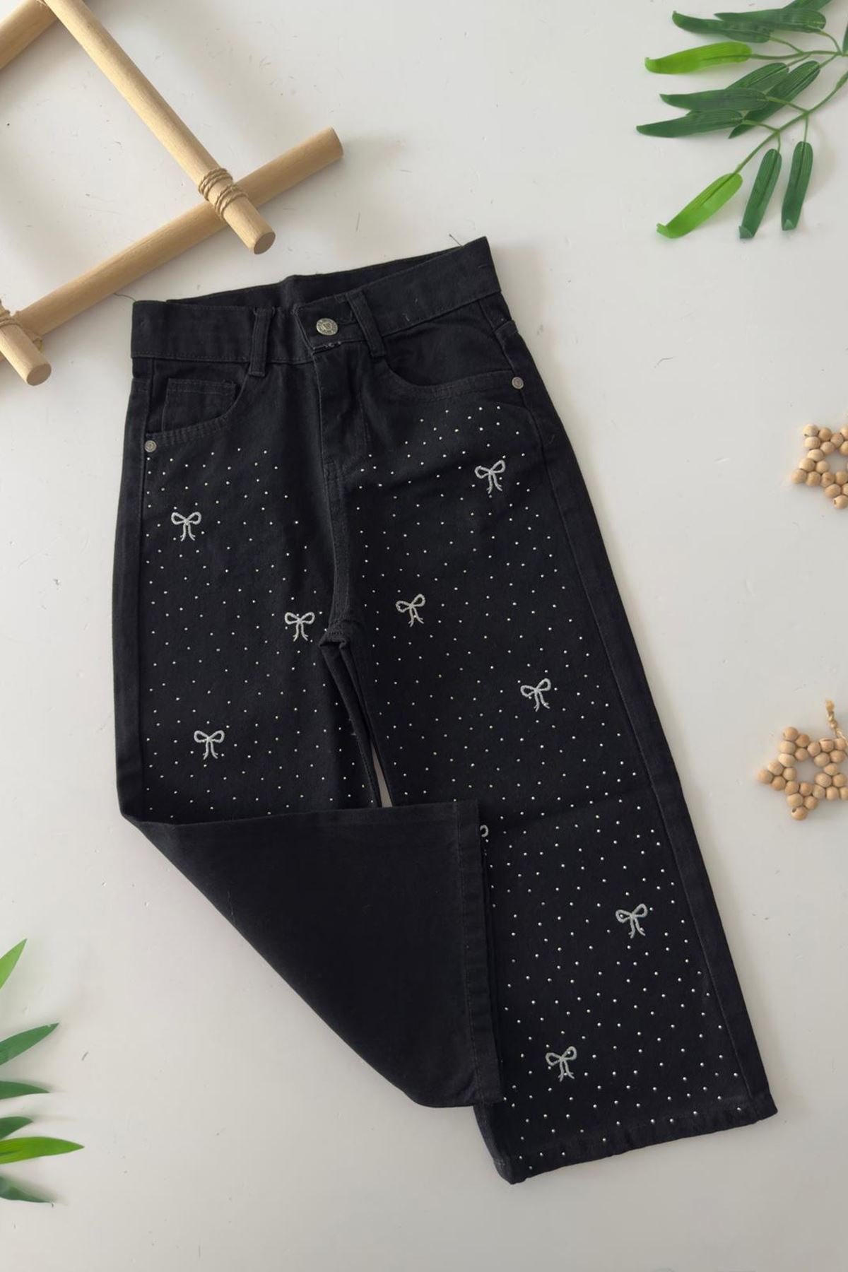 Miniğimin Cicileri Fiyonk Taş Detaylı Geniş Paça Kız Çocuk Kot Pantolon - Siyah