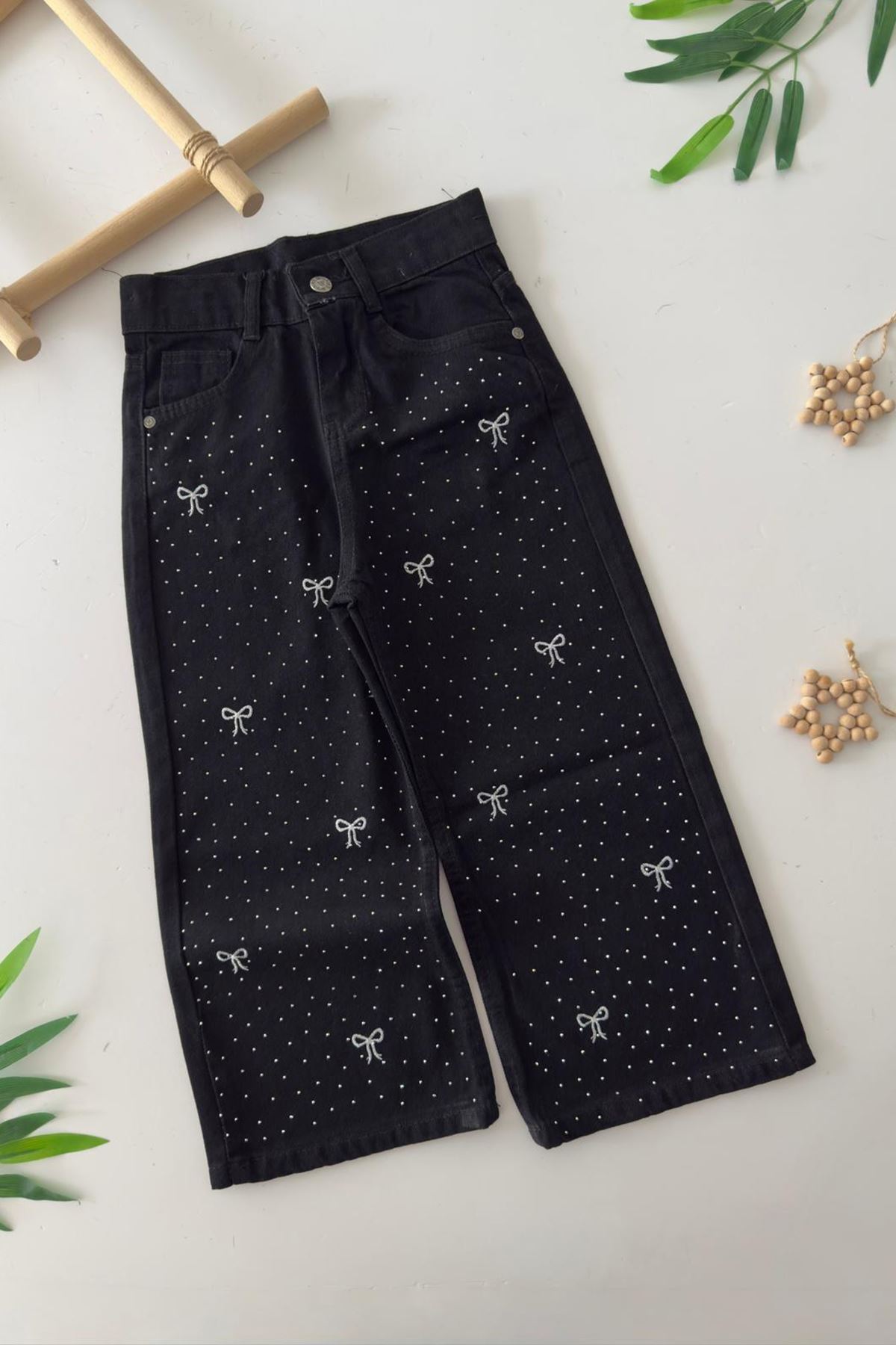 Miniğimin Cicileri Fiyonk Taş Detaylı Geniş Paça Kız Çocuk Kot Pantolon - Siyah