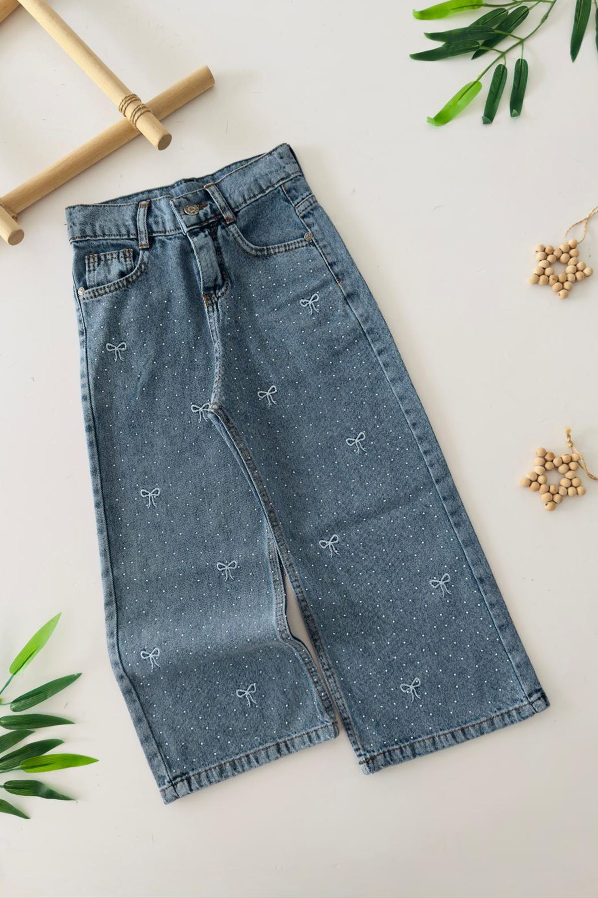 Miniğimin Cicileri Fiyonk Taş Detaylı Geniş Paça Kız Çocuk Kot Pantolon - Mavi