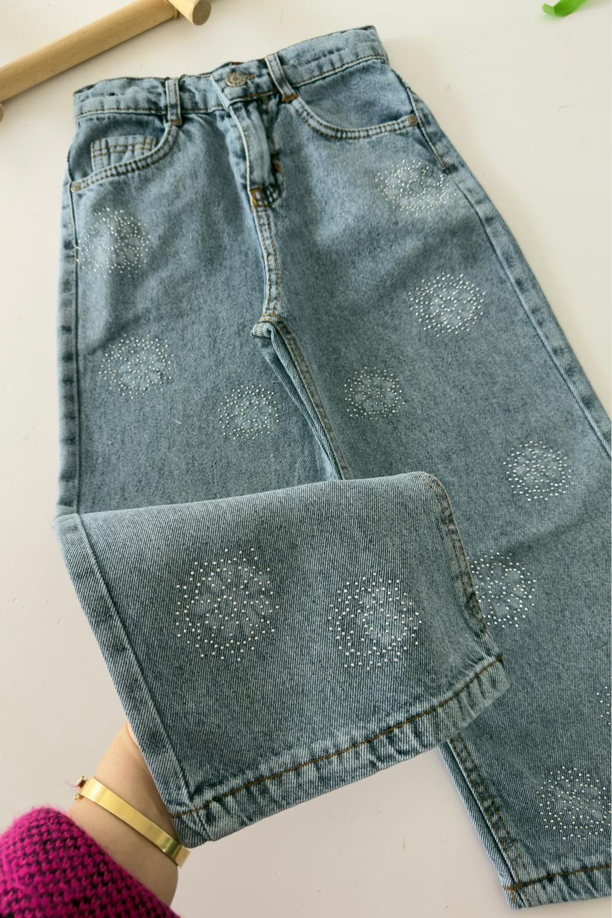 Miniğimin Cicileri Çiçekli  Taş Detaylı  Geniş Paça Kız Çocuk Kot Pantolon - Mavi