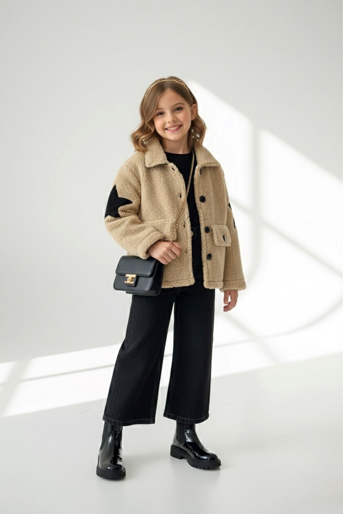 Miniğimin Cicileri Yıldız Detaylı Peluş Kürklü Kız Çocuk 3 lü Takım - Kapuçino