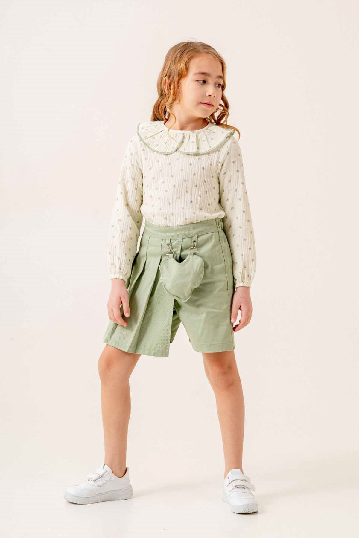 Miniğimin Cicileri Kalp Çanta Detaylı Müslin Gömlekli Kız Çocuk 2 li Takım - Yeşil