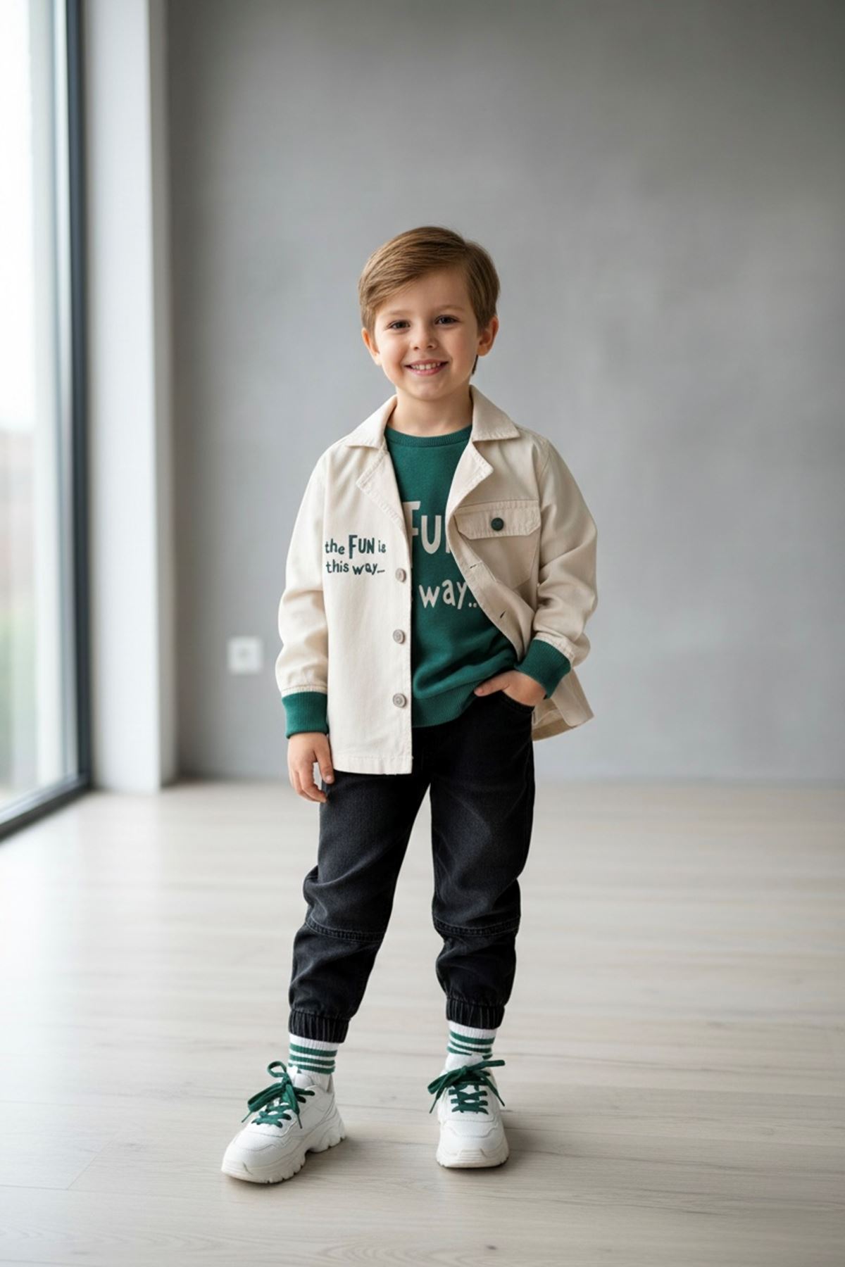 Miniğimin Cicileri Fun Baskılı Keten Ceketli Erkek Çocuk 3 lü Kot Pantolonlu Takım - Yeşil