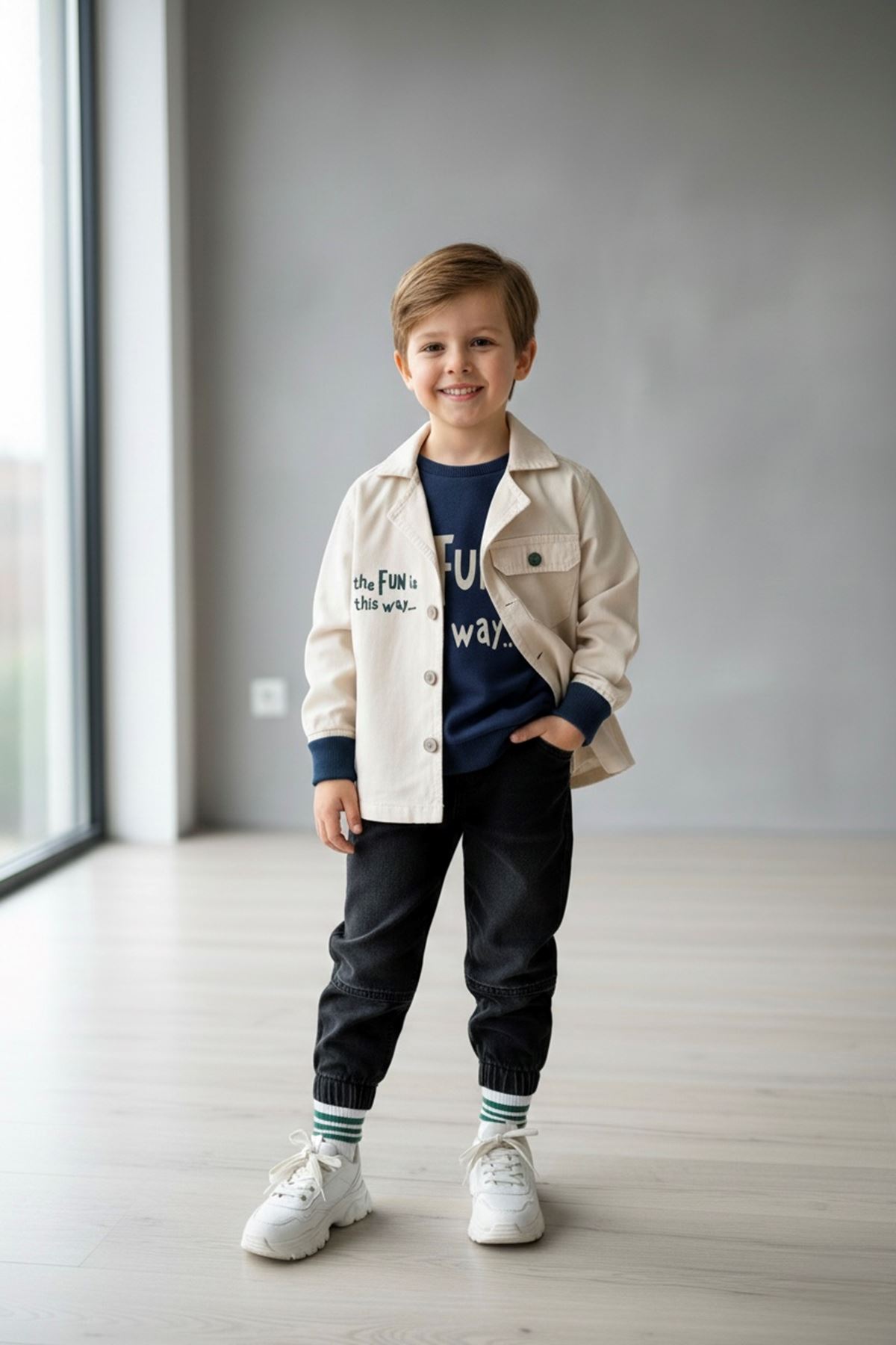 Miniğimin Cicileri Fun Baskılı Keten Ceketli Erkek Çocuk 3 lü Kot Pantolonlu Takım - Lacivert