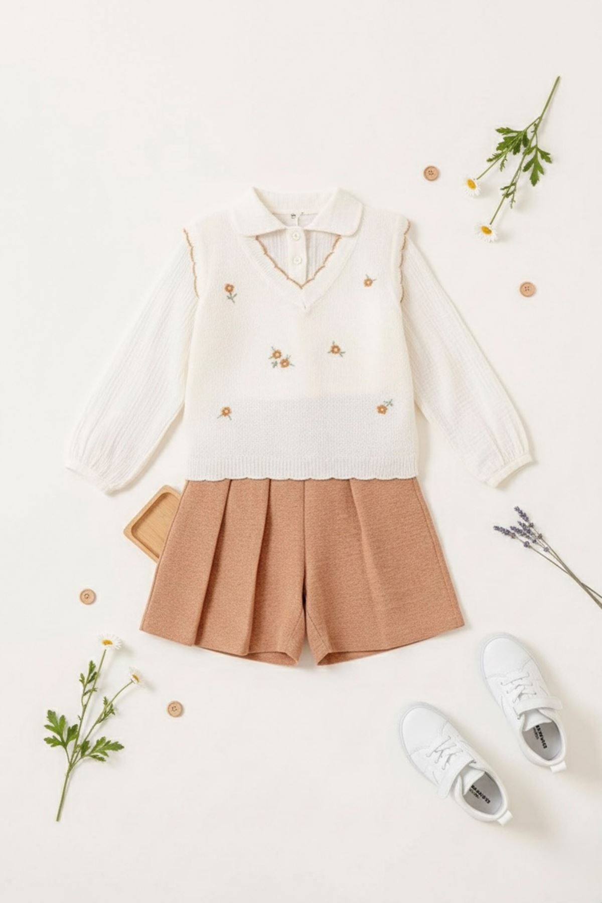 Miniğimin Cicileri Triko Süveterli Şort Etekli Kız Çocuk 3 lü Takım - Kahve