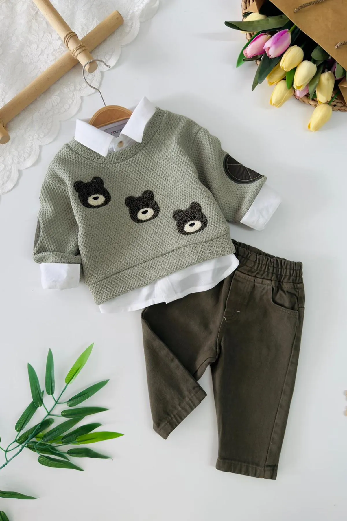 Miniğimin Cicileri Ayıcık Nakışlı Örgü Sweatshirt ve Pantolon Erkek Bebek 3lü Takım - Yeşil