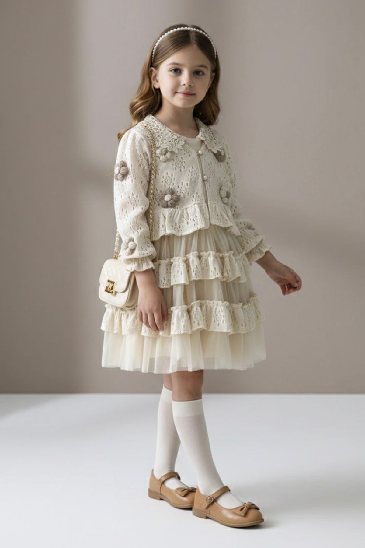Miniğimin Cicileri Papatya Örgü Detaylı Fırfırlı Kız Çocuk 2’li Elbise Takım - Bej