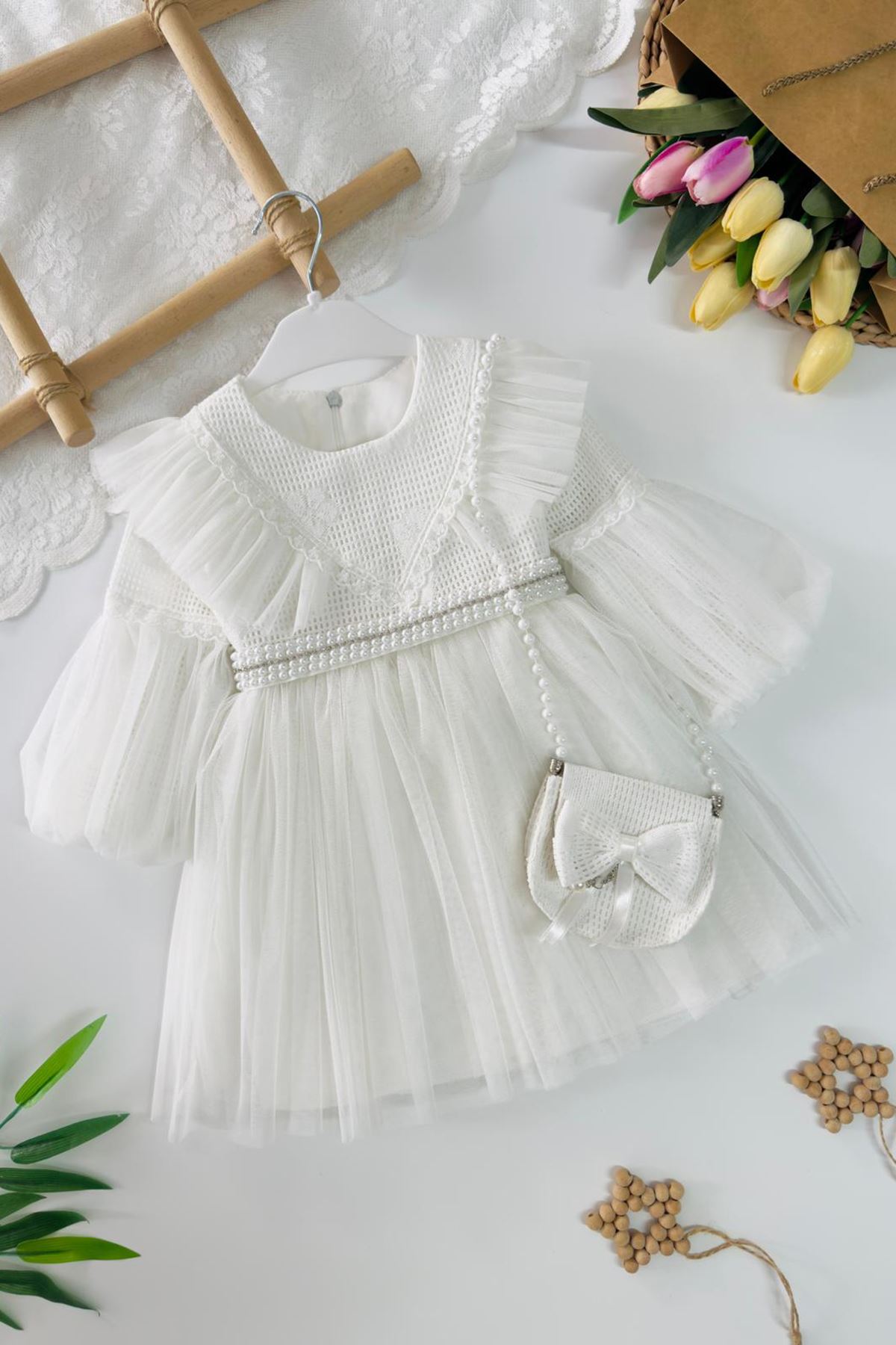 Miniğimin Cicileri Prenses İncili Tül Detaylı Çantalı Kız Çocuk Elbise - Beyaz
