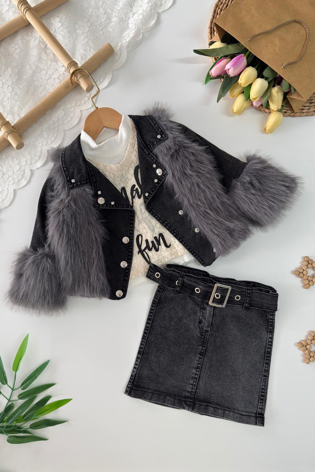 Miniğimin Cicileri Premium Kürk Detaylı Kız çocuk 4 lü Set - Füme