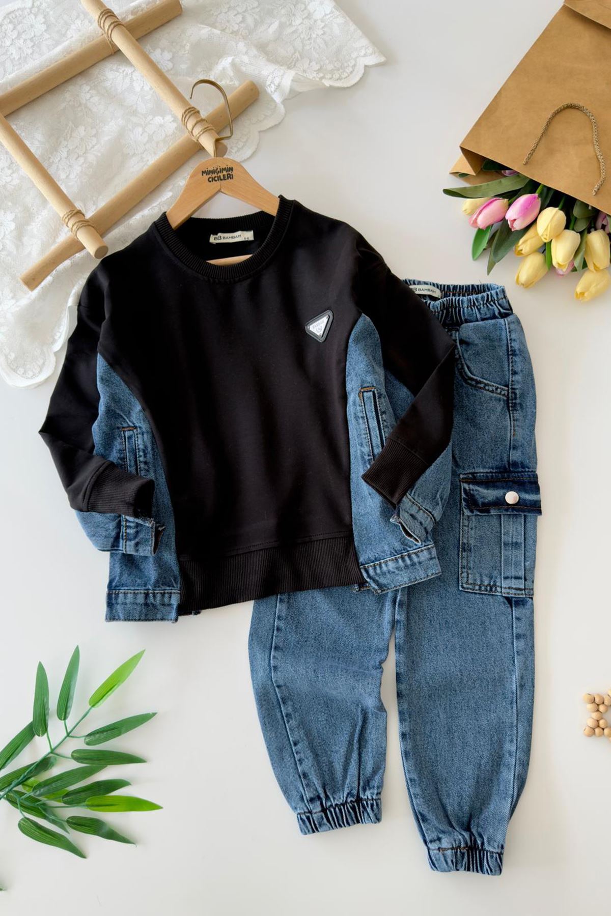 Miniğimin Cicileri Kot Detaylı Asimetrik  Erkek Çocuk 2’li Takım - Siyah