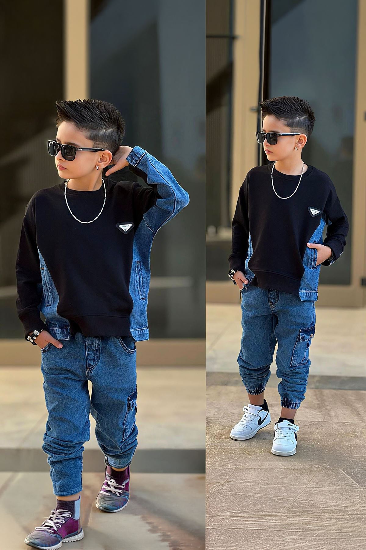 Miniğimin Cicileri Kot Detaylı Asimetrik  Erkek Çocuk 2’li Takım - Siyah