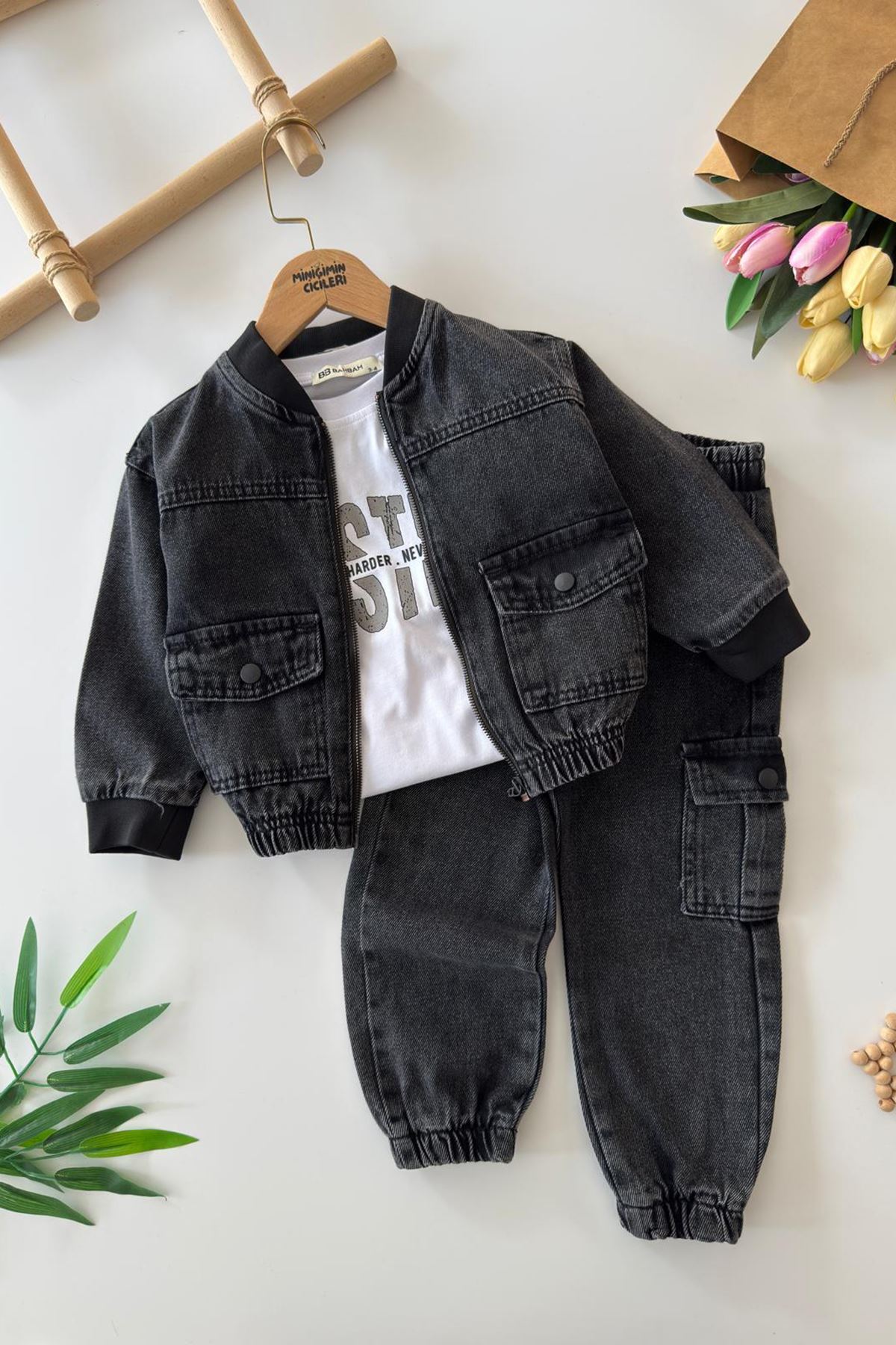 Miniğimin Cicileri Erkek Çocuk Kot Ceketli Spor Tişörtlü 3’lü Takım - Siyah