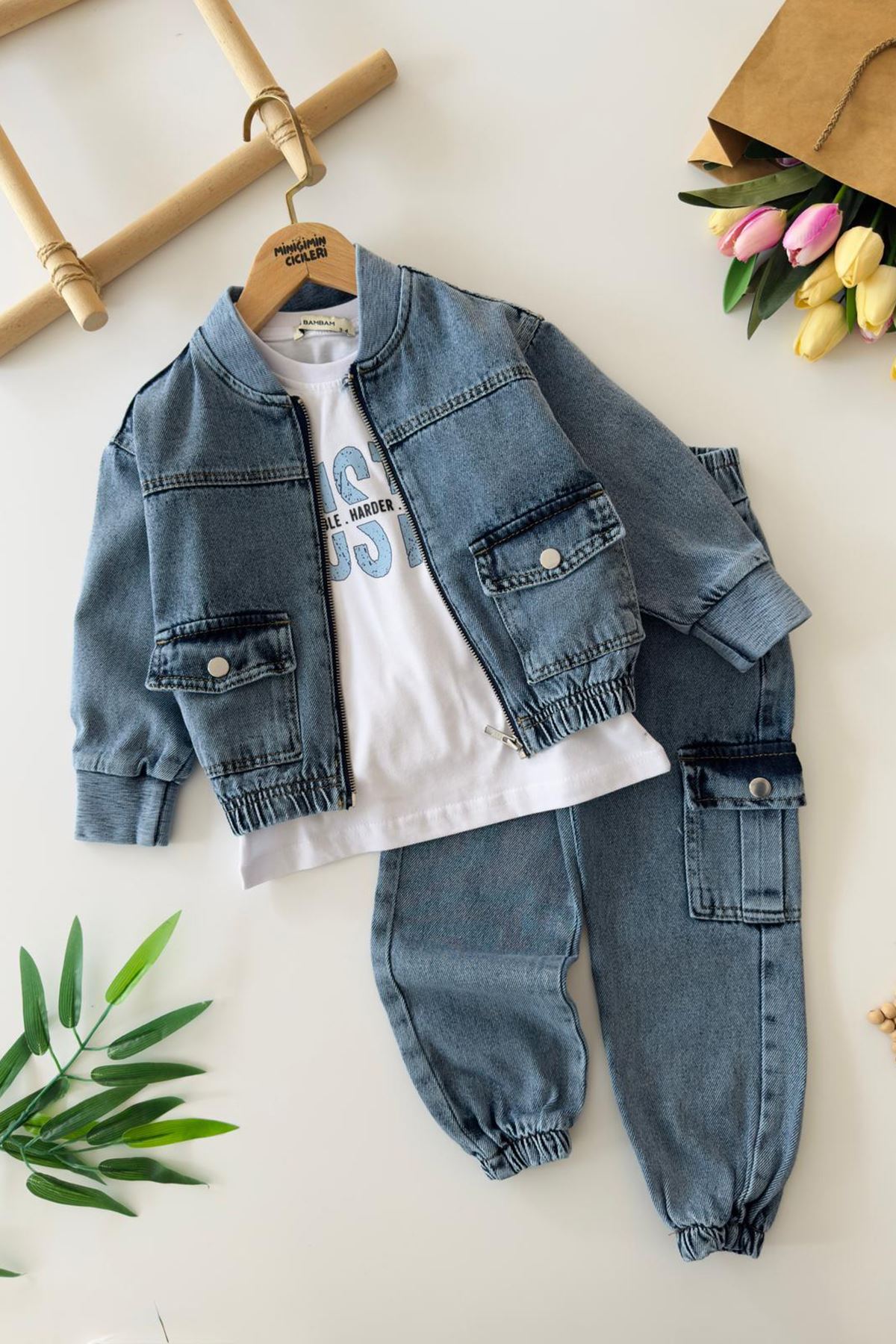 Miniğimin Cicileri Erkek Çocuk Kot Ceketli Spor Tişörtlü 3’lü Takım - Mavi