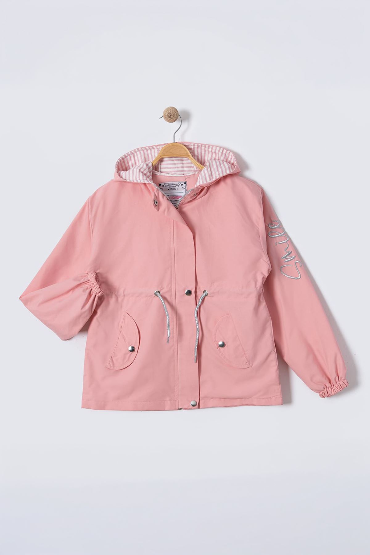 Miniğimin Cicileri Kolu Smile İşlemeli Astarlı Kız Çocuk Yağmurluk - Somon