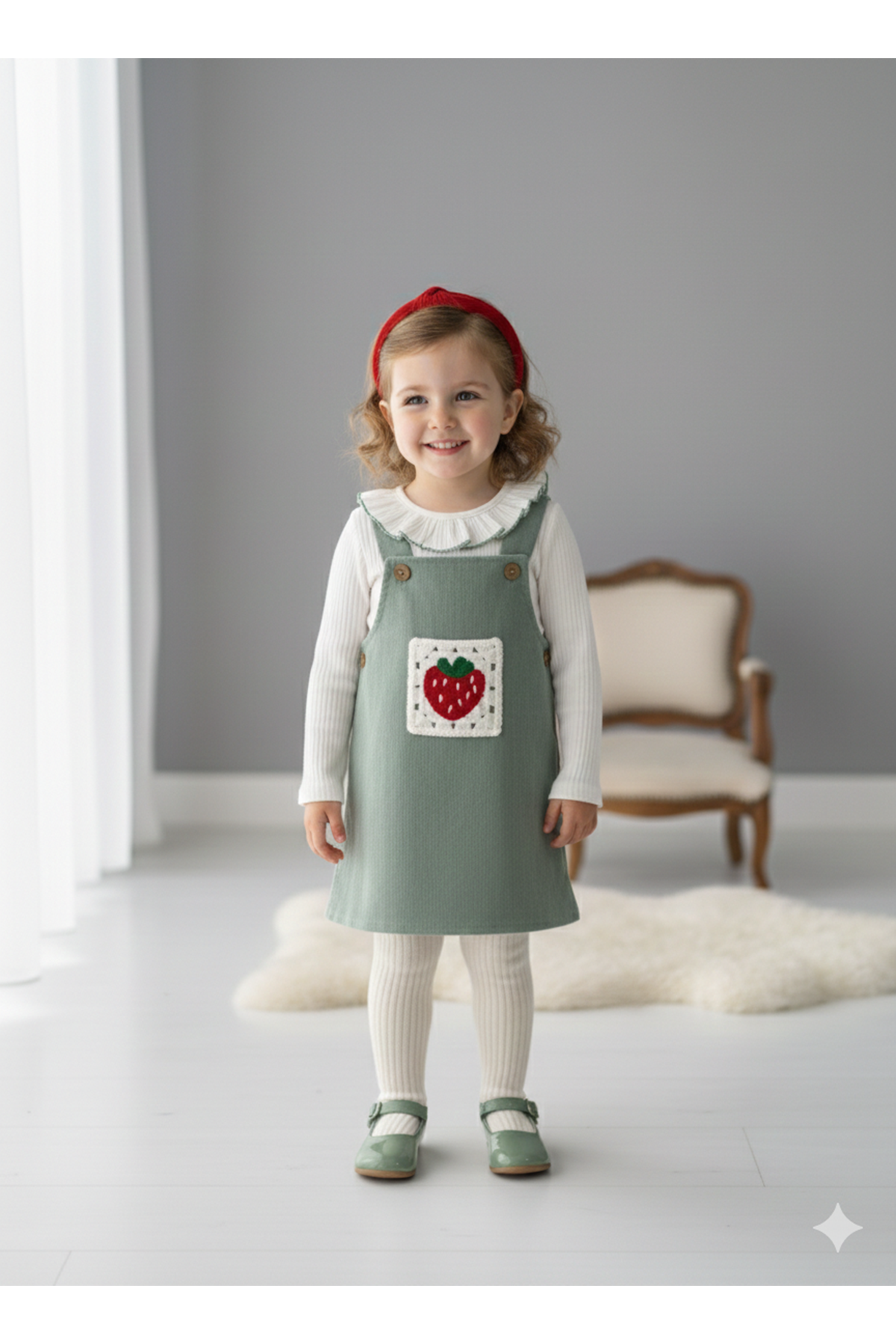 Miniğimin Cicileri Çilek Nakış Kız Bebek 2 li Kadife Elbise - Yeşil