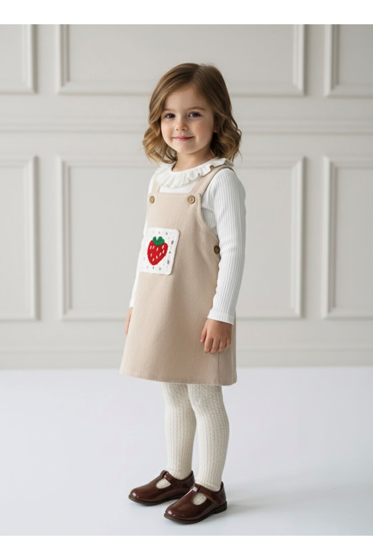 Miniğimin Cicileri Çilek Nakış Kız Bebek 2 li Kadife Elbise - Bej