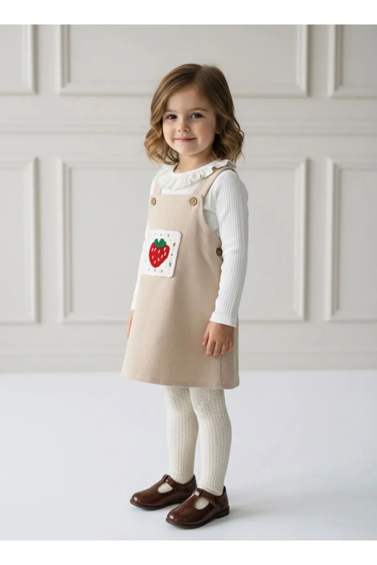 Miniğimin Cicileri Çilek Nakış Kız Bebek 2 li Kadife Elbise - Bej