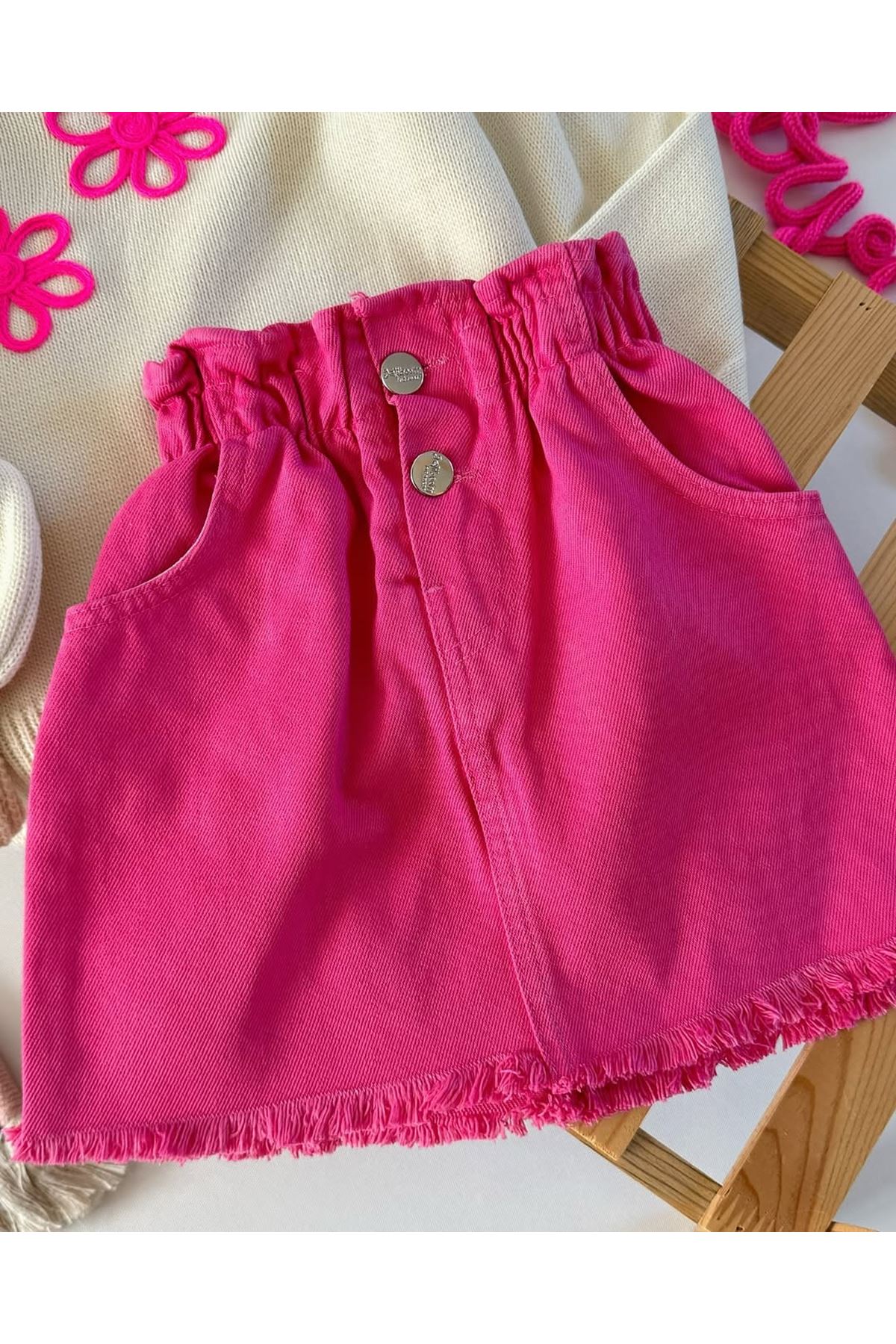 Miniğimin Cicileri Çiçek işlemeli Sweat Gabardin Etekli Kız Çocuk Etekli Takım - Pembe