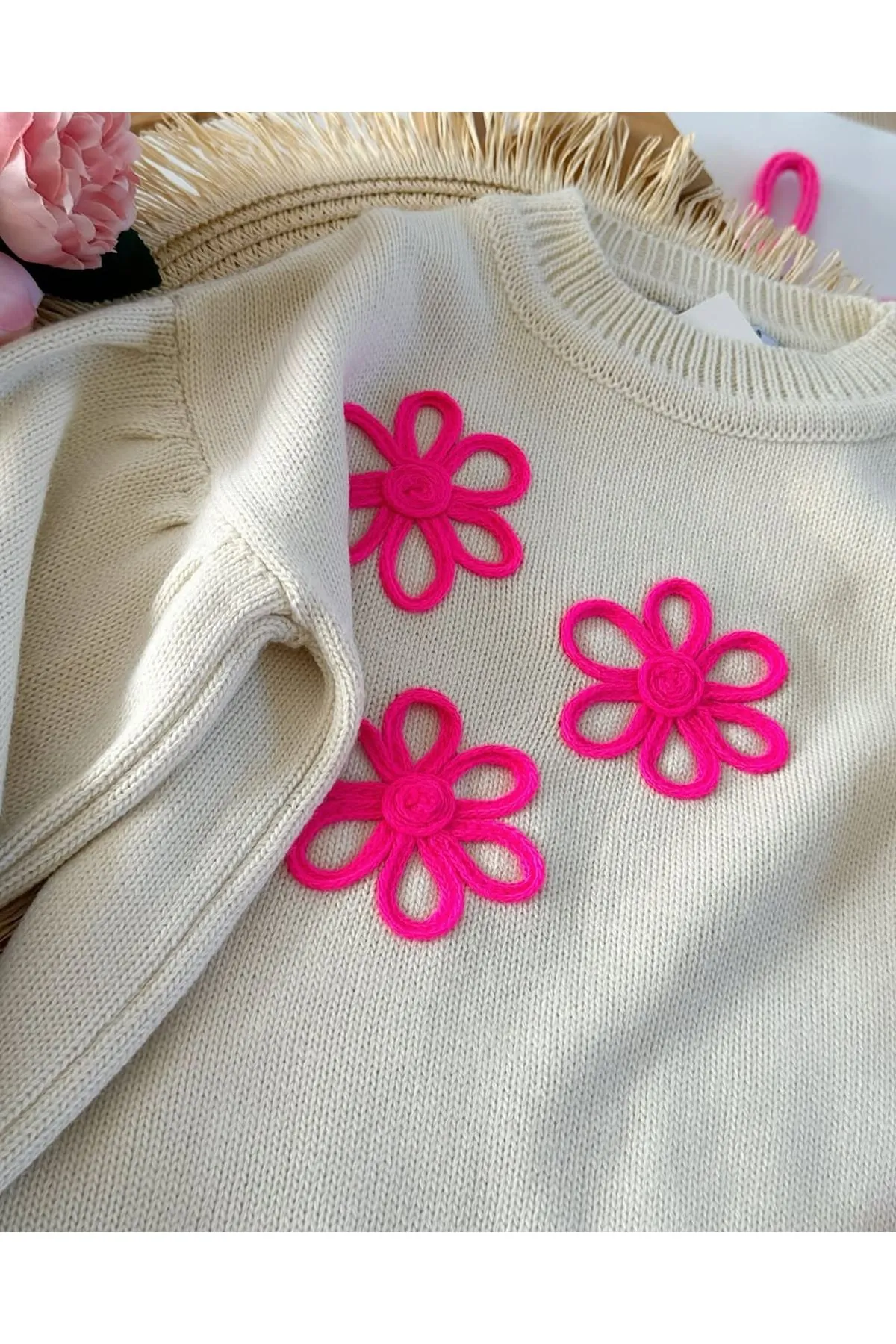 Miniğimin Cicileri Çiçek işlemeli Sweat Gabardin Etekli Kız Çocuk Etekli Takım - Pembe