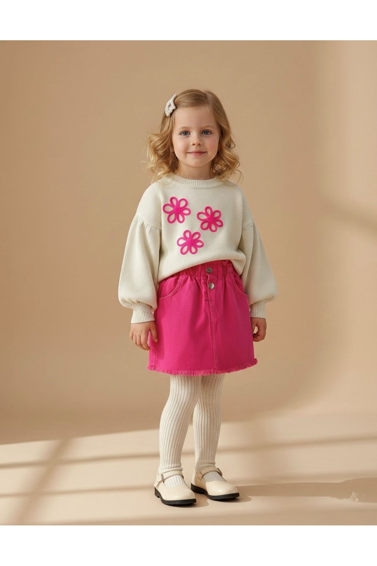 Miniğimin Cicileri Çiçek işlemeli Sweat Gabardin Etekli Kız Çocuk Etekli Takım - Pembe